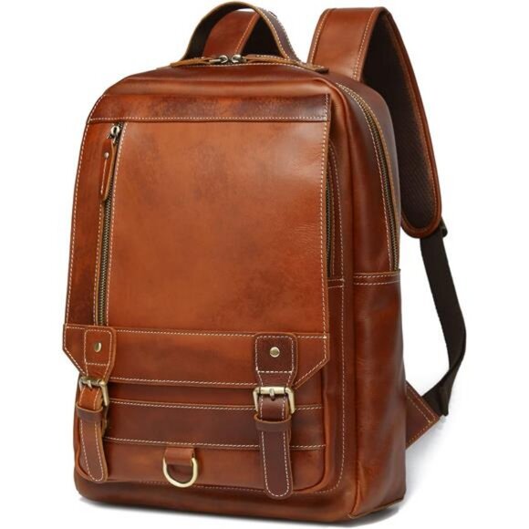 LANNSYNE Vintage Genuine Leather Backpack For Men Fits up to 15" Laptop Travel - Picture 1 of 7